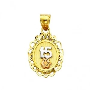 14K Tri-Color Gold 15 Anos Oval Quinceanera Fifteen Charm Pendant - Picture 1 of 1