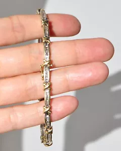 Bracciale Tennis Oro Massiccio 14k Diamanti Naturali Baguette Canale Set Multicolore G - Foto 1 di 10