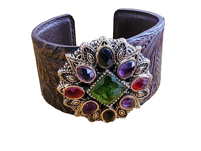 Gorgeous New Barse Cuff Bracelet, Genuine Stones & Genuine Leather - Image 1 of 4