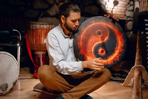 Vegane Schamanentrommel "In/Yan", Klangheilinstrument, buddhistische Rahmentrommel, 20'' - Bild 1 von 16