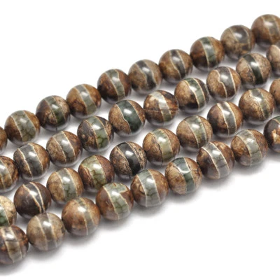 2 Strds Natural Tibetan dZi Agate Tone Beads Strip Round Smooth Dark Khaki 8mm - Image 1 of 2