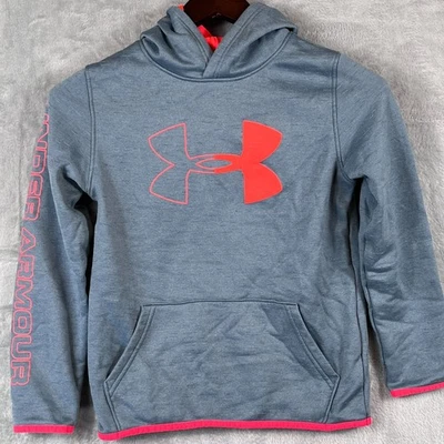 Under Armour Boys Youth Medium Gray Coral ColdGear Hoodie Sweatshirt Loose Fit - Image 1 of 4