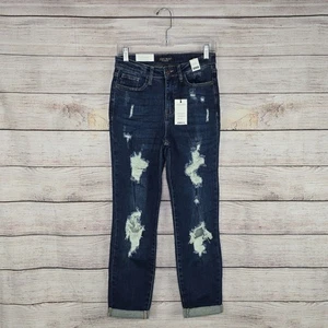 Jeans Judy Blue Boyfriend Fit tiro alto desgastados con puños talla 1/25 nuevos con etiquetas - Imagen 1 de 10