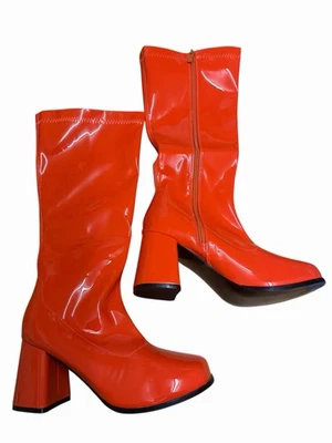 Perline dorate vernice metà polpaccio anni 70 stile Gogo taglia 6 arancione tacco a blocco Abba - Immagine 1 di 4