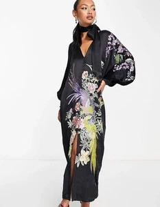 Asos Edition Curve V Neck Statement Maxi Dress 12 Floral Phoenix Asian Boho Goth - Picture 1 of 14