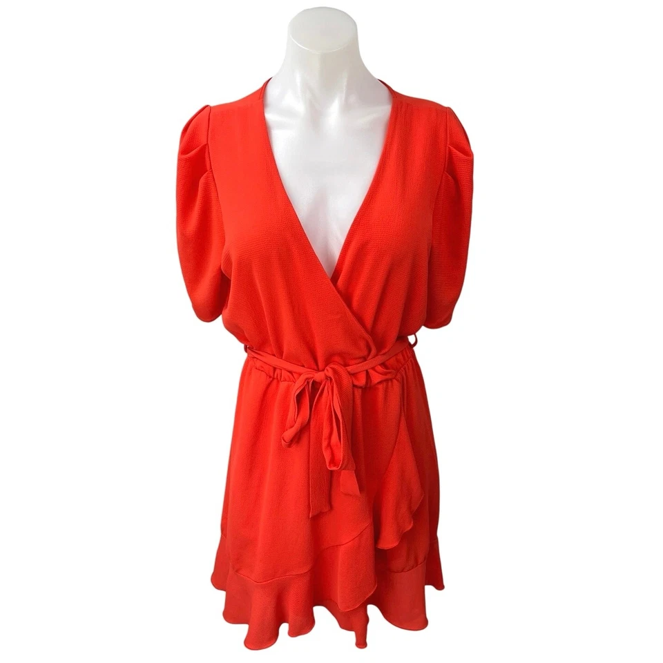 Mini vestido envolvente Aqua naranja con cuello en V manga corta abullonada con volantes y cinturón M Foto 1 de 4