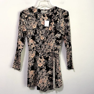 Zara Mameluco Envolvente XS Pantalones Cortos Negro Motivo Floral Manga Larga Fiesta Verano Boho NUEVO Foto 1 de 4