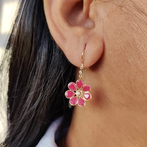 6.80 Ct Natural Ruby Flower Earrings 14K Solid Gold Dainty July Birthstone - Picture 1 of 6