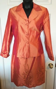 VTG Oleg Cassini Size 12 Coral Peach 100% Silk Skirt Suit Embroidered Cuff Hem - Picture 1 of 11