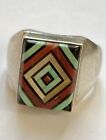 Bague Ancienne Mosaïque Pierre Dure Argent 925 Signée Taille 61 V Vacit ZUNI