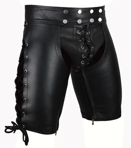 Men's Real Cowhide Leather Chaps Shorts Laces Up Chaps Cuir Schwarz BLUF Gay - Picture 1 of 4