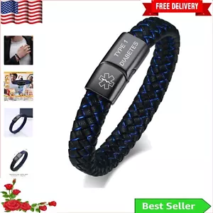Adjustable Blue Braided Leather Medical Alert Bracelet with Engraving Service - Picture 1 of 9