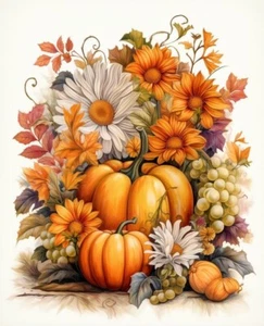 Shabby Chic Pumpkins w. Fall Daisies Halloween 8x10 Cotton Fabrics Block - Picture 1 of 1