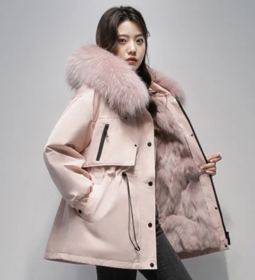 Women's Fox Fur Liner Removable Fur Jacket Coat Hooded Thick Warm Parka Overcoat - Image 1 of 4
