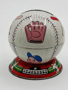 Vintage 1960s Baseball Tin Litho Toy Coin Bank Japan (no plug) 2.5" - Picture 1 of 8
