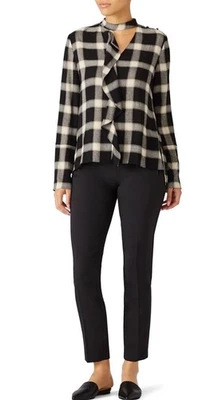 Blusa Derek Lam 10 Crosby Negra y Marfil Cuadros Volantes Cascada Lana Seda Talla 6 $325 Foto 1 de 4