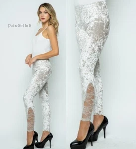 USA New VOCAL APPAREL Womens TAUPE CRUSHED VELVET LACE SOFT LEGGINGS S M L XL - Picture 1 of 9
