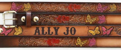 Детский именной ремень сердце и бабочка тисненая кожа с гравировкой на заказ для девочек - Изображение 1 из 4