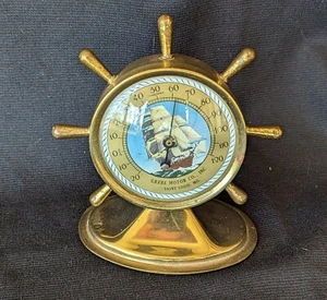 Cool Vtg Brass Advertising SHIPS WHEEL Thermometer GREBE MOTOR CO St Louis MO - Picture 1 of 5