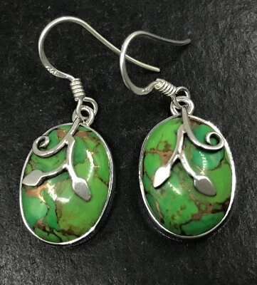 Green Mohave oval drop earrings, solid Sterling Silver, 16 x 12mm. Gift box. - Image 1 of 4