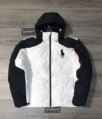 Jaqueta acolchoada POLO RALPH LAUREN grande e alta branca preta pônei grande com capuz nova com etiquetas - Imagem 1 de 4