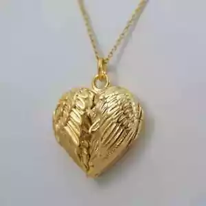 925 Sterling Silver Wings Heart Women's Locket 14K Yellow Gold Plated - Picture 1 of 4