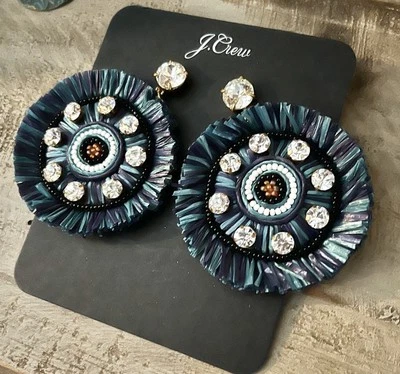 J Crew Blue Raffia Fringe Disc Leather Back Clear Crystal Beaded Earrings NWT - Image 1 of 4