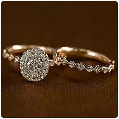 3Ct Oval Cut White Moissanite Wedding Ring Set 14K Yellow Gold Plated - Image 1 of 4