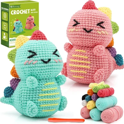 Faircosy Dinosaur Crochet Kit for Beginners: 2PCS Crochet Animal Kits for Adults