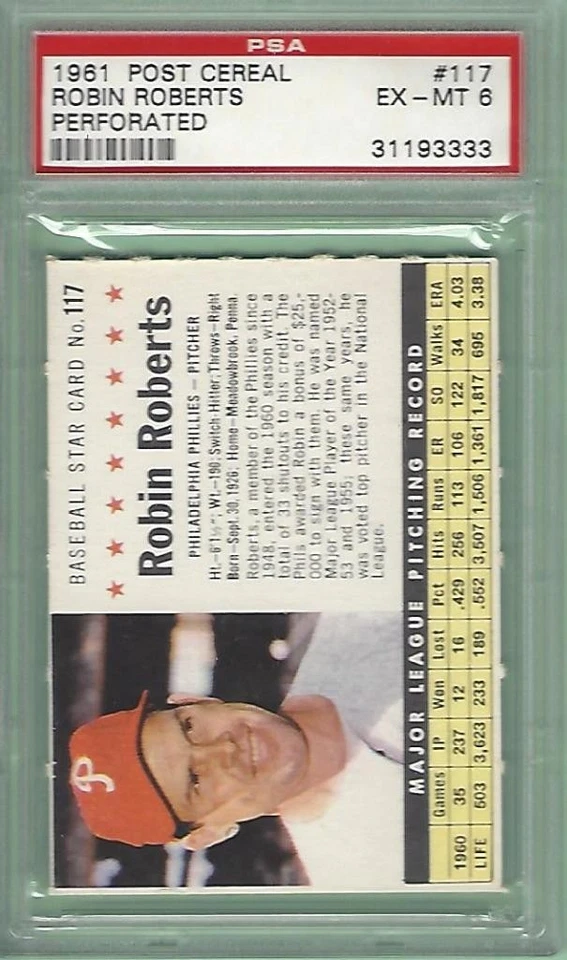 1961 POST CEREAL #117 ROBIN ROBERTS PHILADELPHIA PHILLIES PSA 6 PERFORATED - Image 1 of 1
