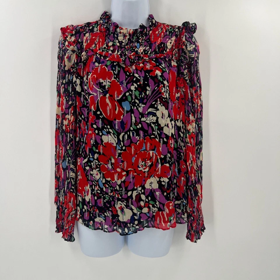 Blusa J.Crew Holiday Shimmer S Floral Metálica Volantes Cuello Puño Calado Fiesta Foto 1 de 4