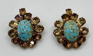 Vintage AUSTRIA Clip on Earrings Austrian Crystals Marquis W/ Faux Turquoise - Picture 1 of 7