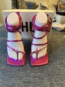 Schultz  Lily  Sandalia Salto Alto Couros Soft Croco Metal Fucsia Size 8B A1156 - Picture 1 of 21