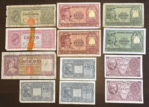 1943 50 100 Lire 1951 5 10 50 100 Lire 1947 500 Lire Italy 12 Banknotes Cover