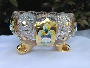 BOHEMIA QUEEN SPITZENHAND 24 % BLEIKRISTALL 18K GOLD EMAILLE FUSSSCHALE 6" NEU IM KARTON - Bild 1 von 5