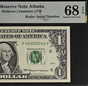 2001 $1 Federal Reserve Note PMG 68EPQ - Top Pop - Radar Serial Number 44000044 - Picture 1 of 4