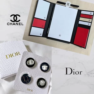 CHANEL LA Collection Sticky Note & Christian Dior Round Brooch Pin Badges 4pcs - Picture 1 of 16