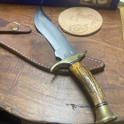 RARE/RETIRED COLT CT-812 BOWIE STAG HANDLE FIXED BLADE KNIFE W/Leather sheath - Image 1 of 4