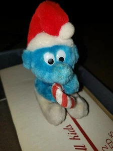 Vintage 1982 Christmas Smurf Candy Cane Stuffed Plush Peyo Smurfs (need cleaning - Picture 1 of 8