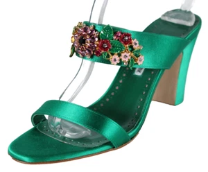 MANOLO BLAHNIK Emerald Green Satin & Crystal Flowers SAYANI Mules Sandals 39 - Picture 1 of 12