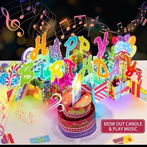 3D Popup Birthday Cards, 1-100 Age Luxury Blowable LED Light Candle Cake Music H - Picture 1 of 12