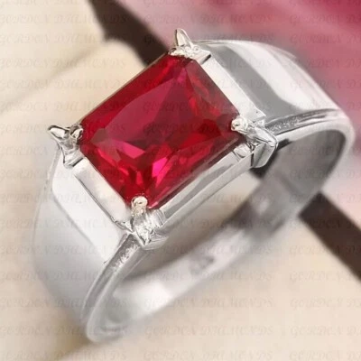 5.00ct Radiant Cut Natural Red Ruby Solitaire Men's Ring 18K White Gold Plated - Image 1 of 4