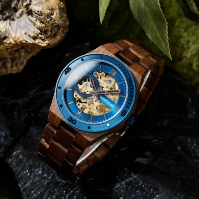 Skelettuhr Holz Edelstahl Herren Automatikuhr mechanisch autom. Aufzug Luxusuhr - Bild 1 von 4