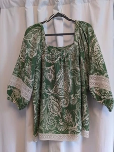 Nicole Miller Women’s XL Green Square Neck Linen & Lace Floral Paisley Blouse - Picture 1 of 10