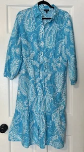 Talbots Linen Midi Dress Womens 8 Blue Floral Button Tie Collar Coastal Beach - Picture 1 of 9