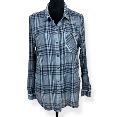 Camisa Lucky Brand Top feminina XL azul xadrez semi transparente com botões - Imagem 1 de 4