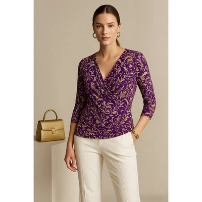 Top de mujer Lauren Ralph Lauren sobrepelliz drapeado floral viscosa púrpura XL NUEVO CON ETIQUETAS Foto 1 de 4