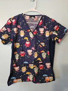 Cherokee Brand Owls In The Rain On Blue Scrub Top  - sz S - Picture 1 of 4