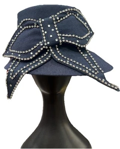 Cappello Devine Denim NY blu navy con fiocco e borchie nuovo con etichetta - Foto 1 di 5