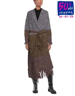 RRP €340 NOCOLD Long Coatigan Size XS Alpaca & Merino Wool Blend Belted Fringes - Image 1 of 4